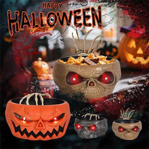 Animated Halloween Candy Bowl with Motion Sensor LED Eyes and Skeleton Hand