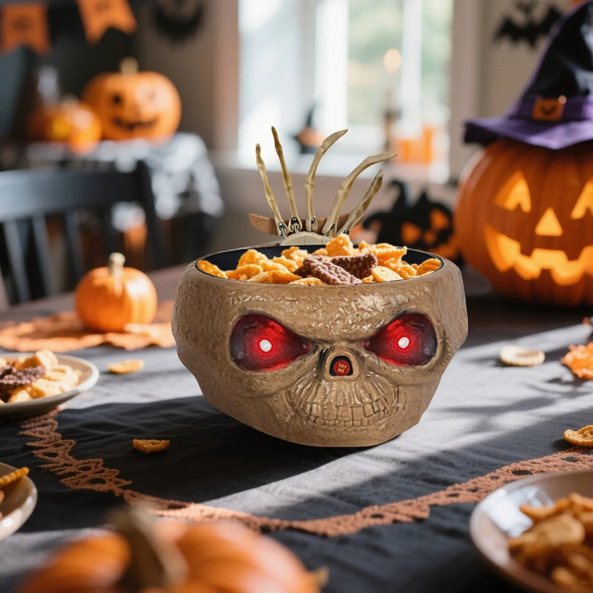 Animated Halloween Candy Bowl with Motion Sensor LED Eyes and Skeleton Hand