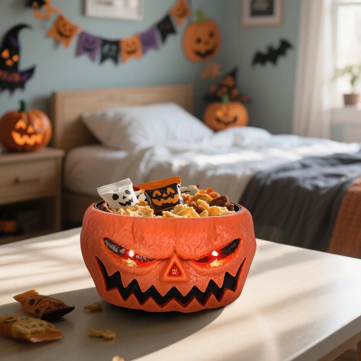 Animated Halloween Candy Bowl with Motion Sensor LED Eyes and Skeleton Hand