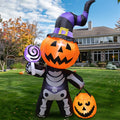 Inflatable Jack O Lantern Skeleton Yard Prop with Glowing LED Lights and Witch Hat