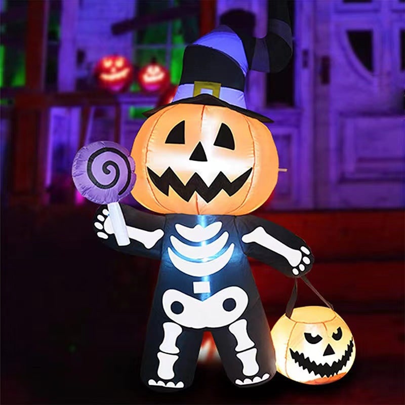 Inflatable Jack O Lantern Skeleton Yard Prop with Glowing LED Lights and Witch Hat