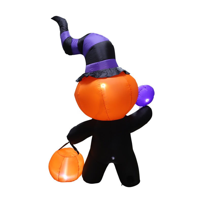 Inflatable Jack O Lantern Skeleton Yard Prop with Glowing LED Lights and Witch Hat