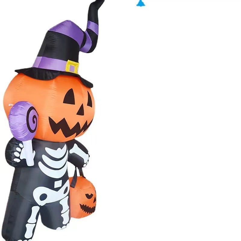 Inflatable Jack O Lantern Skeleton Yard Prop with Glowing LED Lights and Witch Hat