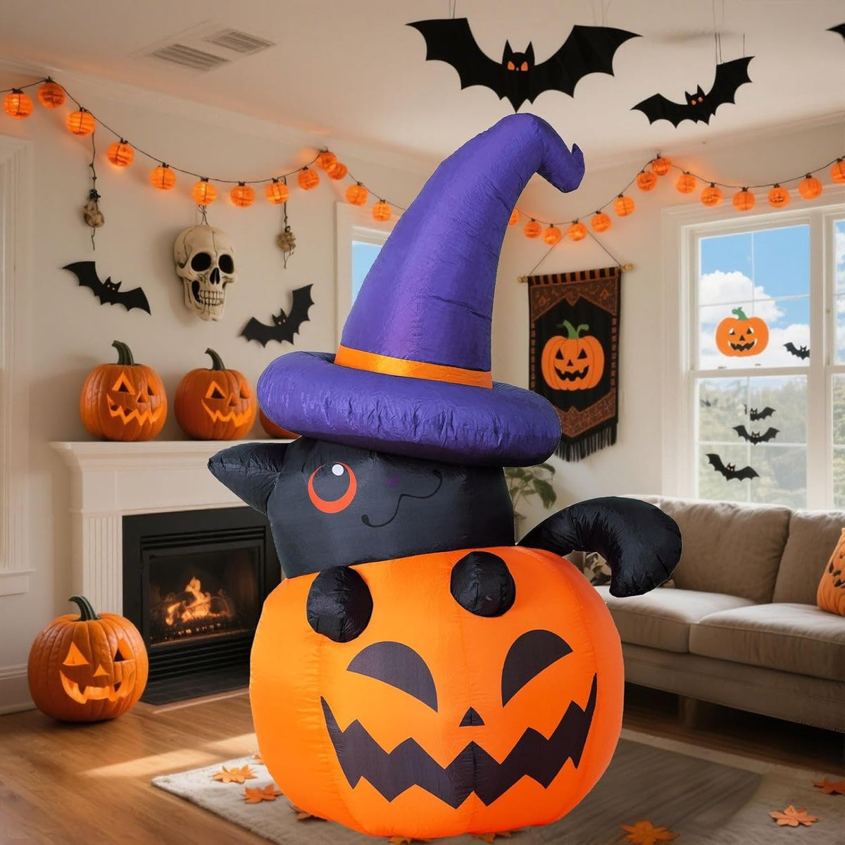 Inflatable Jack O Lantern Skeleton Yard Prop with Glowing LED Lights and Witch Hat