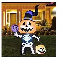 Inflatable Jack O Lantern Skeleton Yard Prop with Glowing LED Lights and Witch Hat