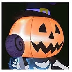 Inflatable Jack O Lantern Skeleton Yard Prop with Glowing LED Lights and Witch Hat