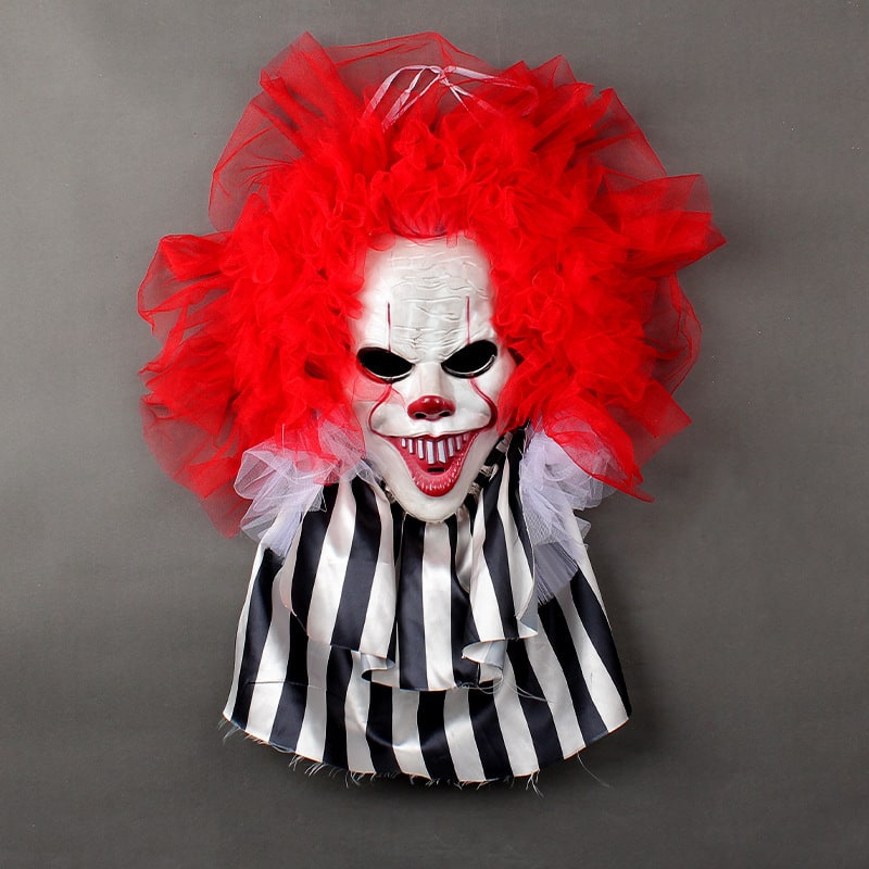 Halloween Front Door Decor Scary Clown Hanger with Red Tulle Hair Outdoor Wreath 70cm
