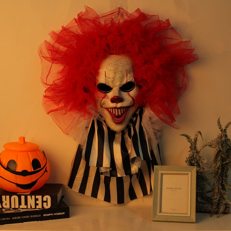 Halloween Front Door Decor Scary Clown Hanger with Red Tulle Hair Outdoor Wreath 70cm