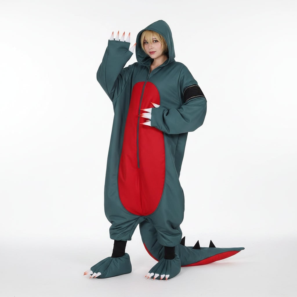Dinosaur Halloween Costume Cosplay Hooded Jumpsuit with Spiked Tail Wig and Clawed Shoe Covers