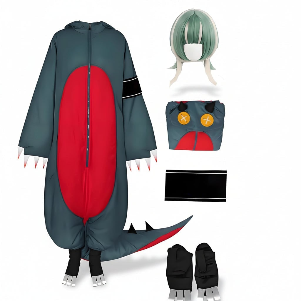 Dinosaur Halloween Costume Cosplay Hooded Jumpsuit with Spiked Tail Wig and Clawed Shoe Covers