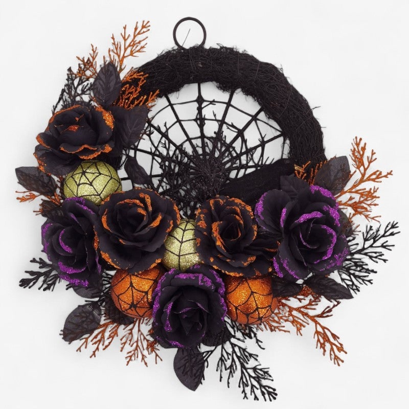 Halloween Wreath with Spiderweb Centrepiece Black Roses and Glitter Ornaments