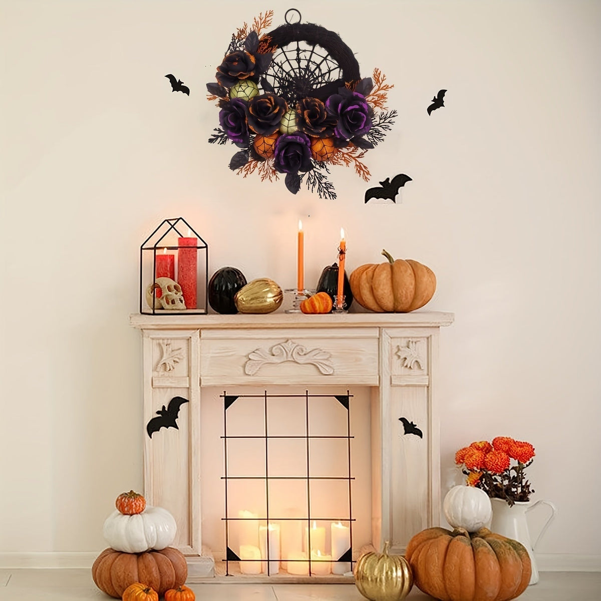 Halloween Wreath with Spiderweb Centrepiece Black Roses and Glitter Ornaments