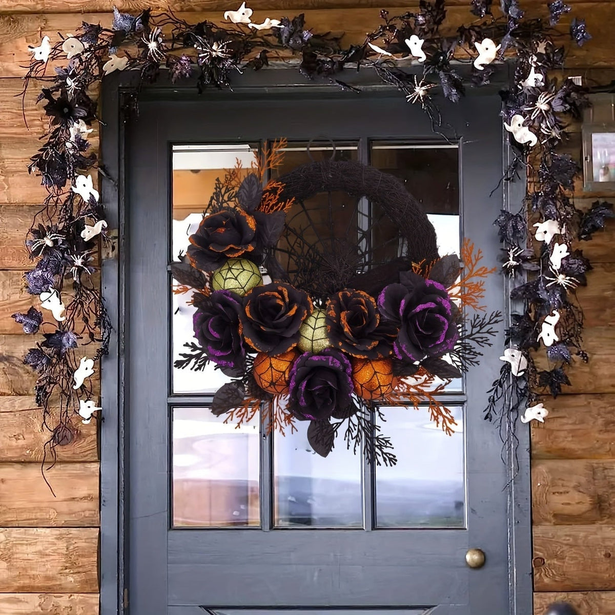 Halloween Wreath with Spiderweb Centrepiece Black Roses and Glitter Ornaments