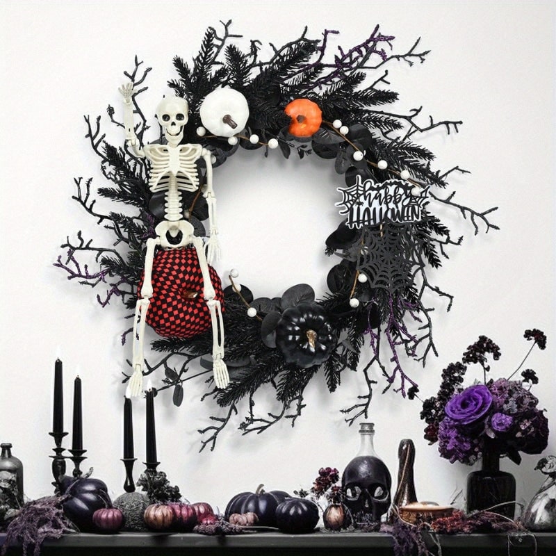 Halloween Door Wreath with Skeleton Figure Carved Pumpkins and Spiderweb Detail