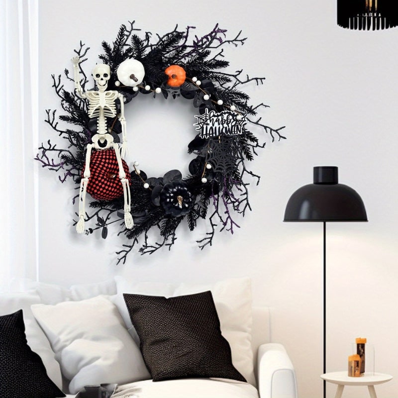 Halloween Door Wreath with Skeleton Figure Carved Pumpkins and Spiderweb Detail