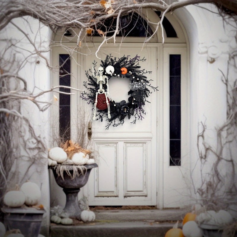 Halloween Door Wreath with Skeleton Figure Carved Pumpkins and Spiderweb Detail