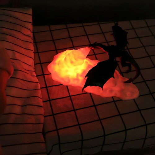 Bedside Table with Light Up Dragon Night Lamp Warm Orange LED Fire Breathing Cloud Base