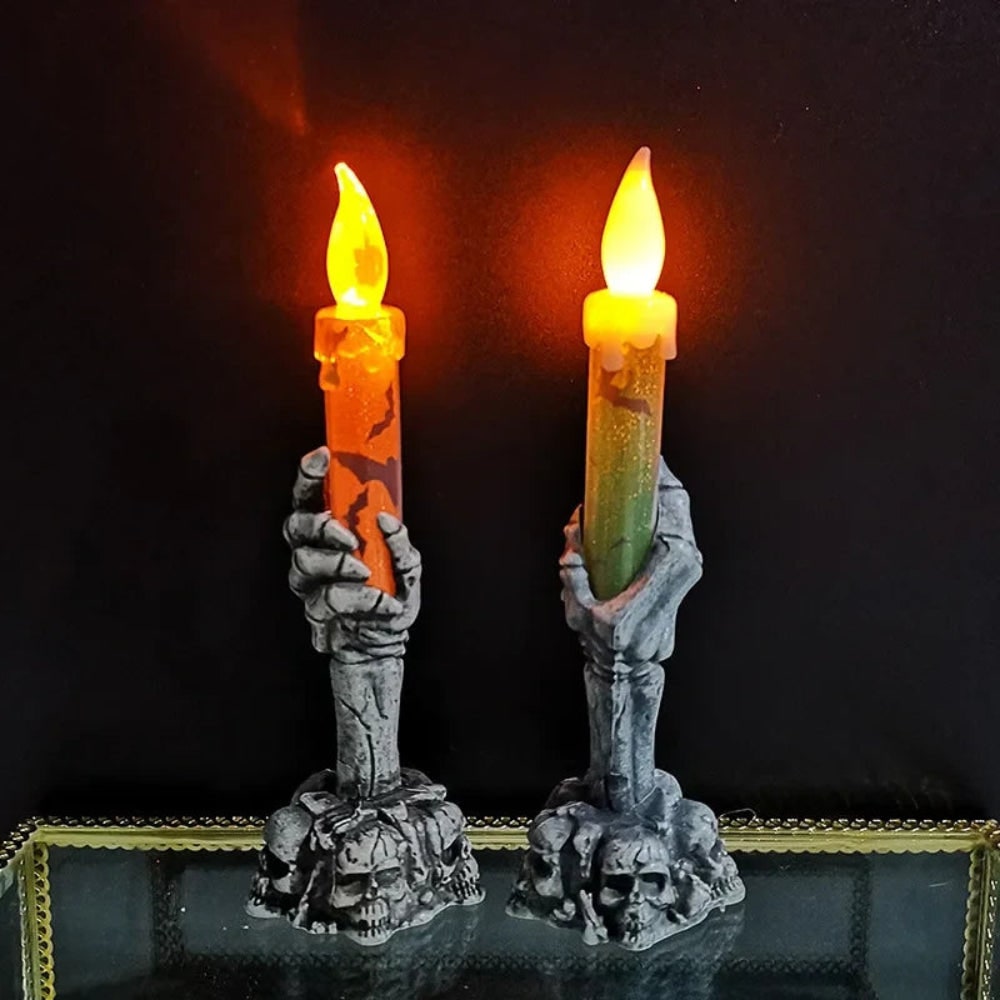 Halloween Party Decorations Battery Operated Flameless LED Candle with Skeleton Hand Skull Base
