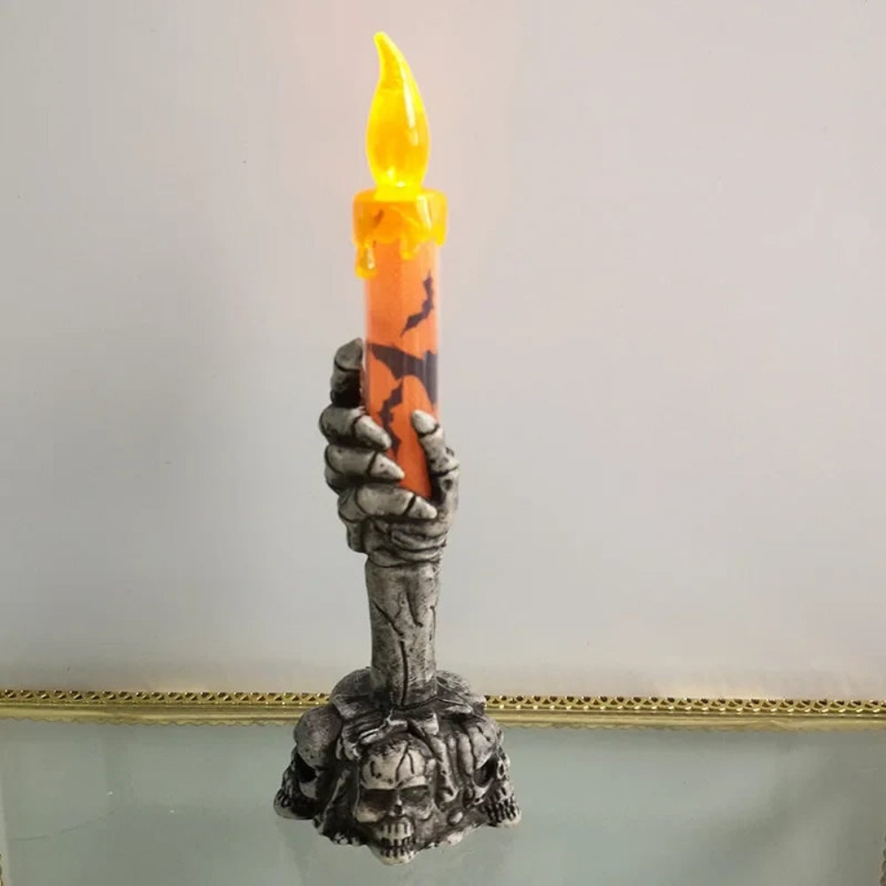 Halloween Party Decorations Battery Operated Flameless LED Candle with Skeleton Hand Skull Base