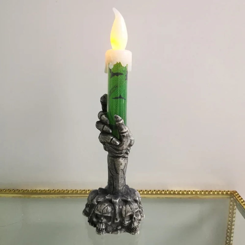 Halloween Party Decorations Battery Operated Flameless LED Candle with Skeleton Hand Skull Base