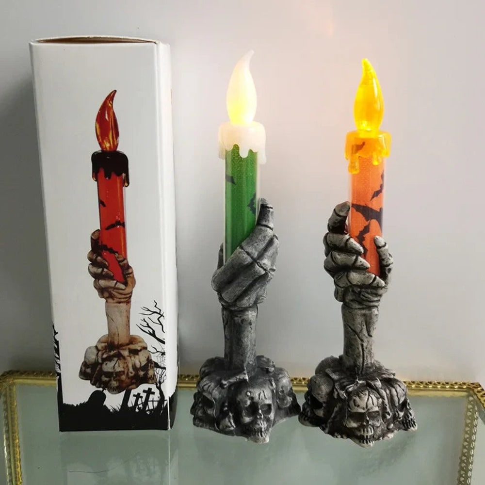Halloween Party Decorations Battery Operated Flameless LED Candle with Skeleton Hand Skull Base