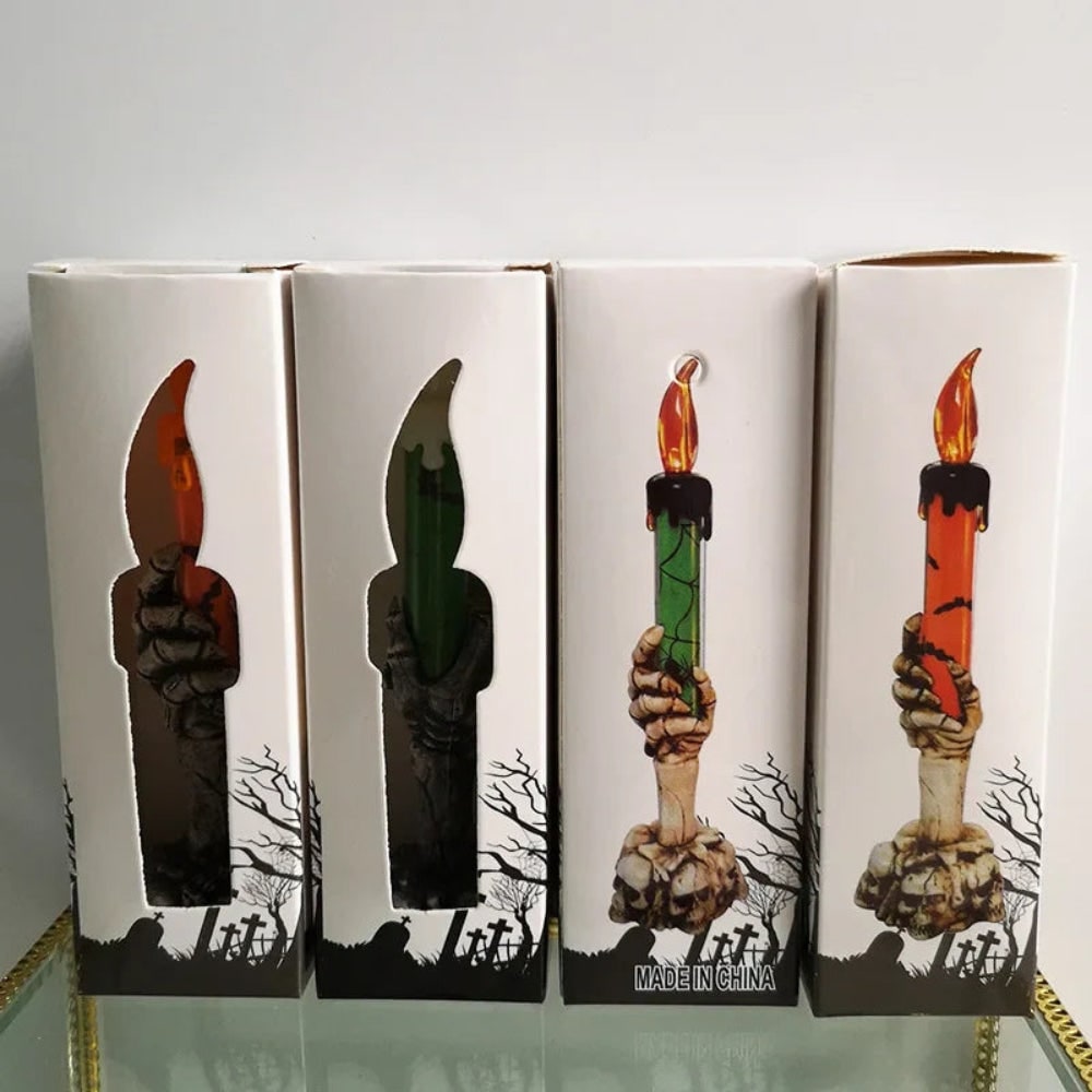 Halloween Party Decorations Battery Operated Flameless LED Candle with Skeleton Hand Skull Base