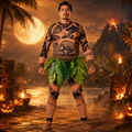 Halloween Costume Tribal Tattoo Print Stretch Bodysuit with Leaf Skirt and Rope Waistband