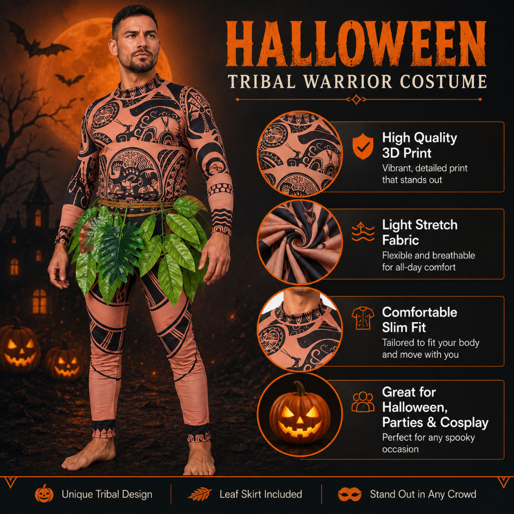 Halloween Costume Tribal Tattoo Print Stretch Bodysuit with Leaf Skirt and Rope Waistband