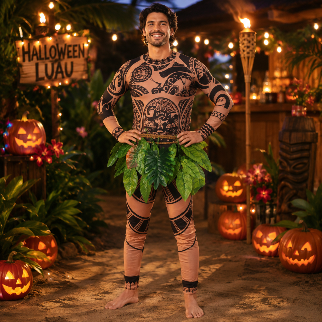 Halloween Costume Tribal Tattoo Print Stretch Bodysuit with Leaf Skirt and Rope Waistband