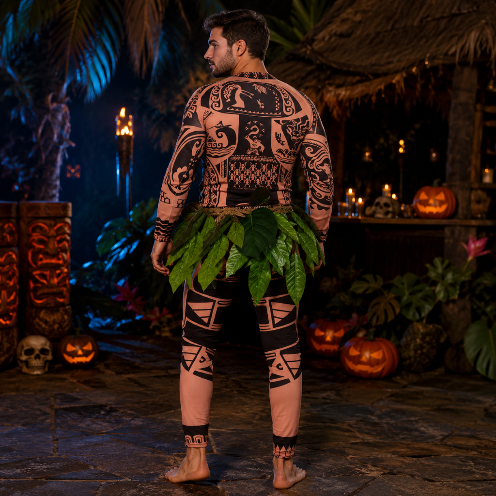 Halloween Costume Tribal Tattoo Print Stretch Bodysuit with Leaf Skirt and Rope Waistband