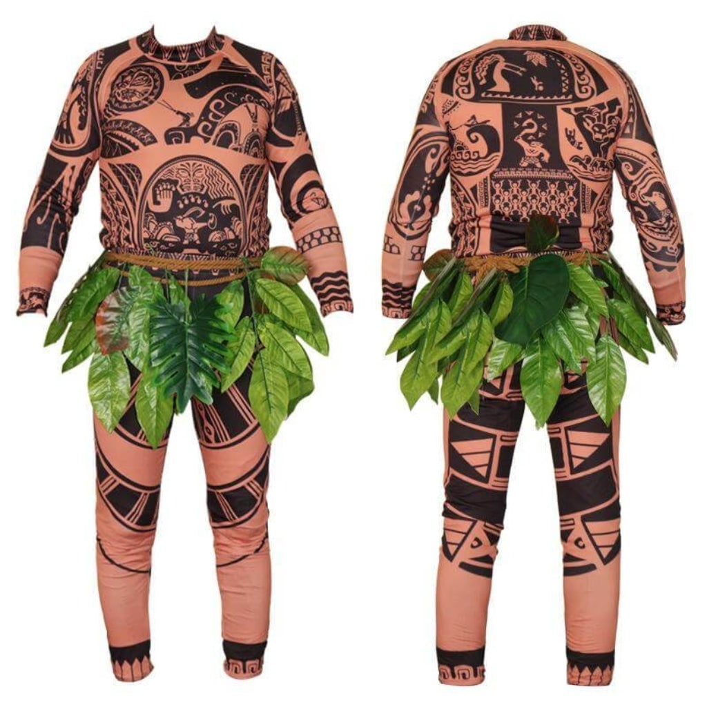 Halloween Costume Tribal Tattoo Print Stretch Bodysuit with Leaf Skirt and Rope Waistband