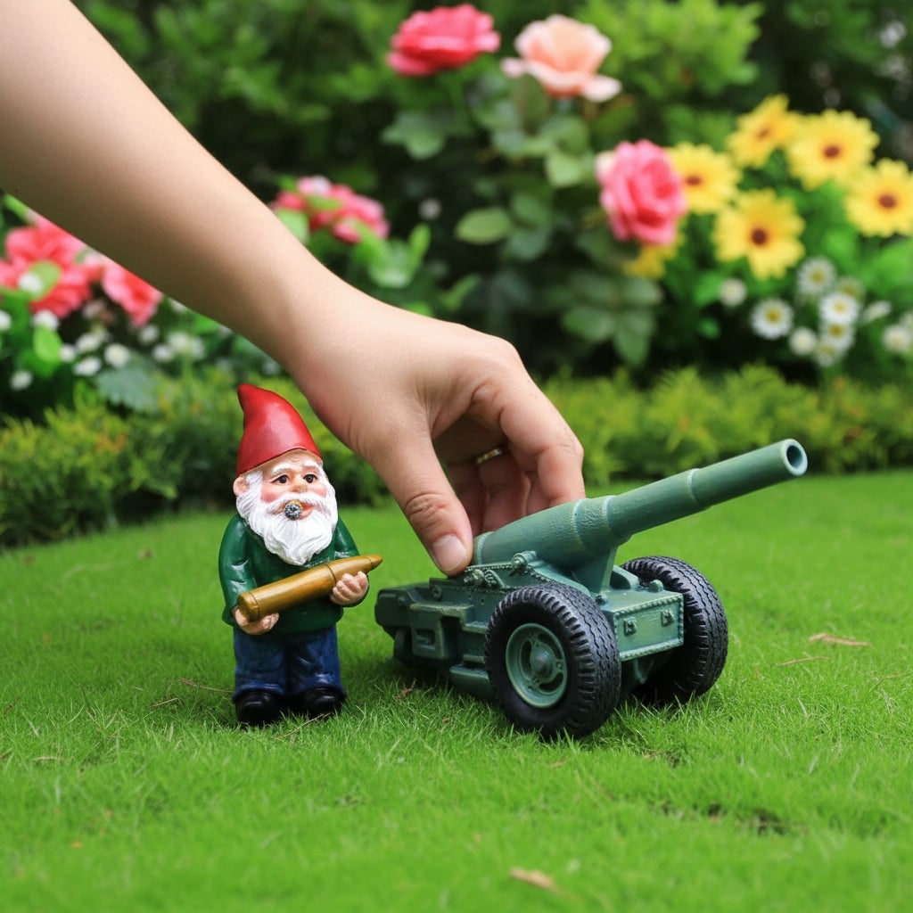 Funny Halloween Garden Gnome Figurine with Cannon Two Piece Resin Fairy Decor Set