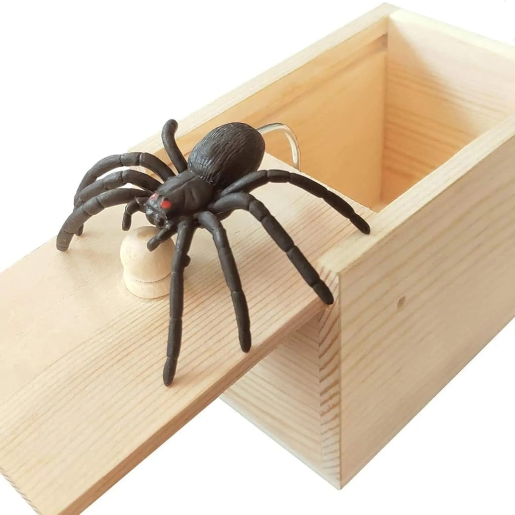 Halloween Gifts Spider Prank Box with Spring Loaded Pop Out Surprise and Wooden Sliding Lid