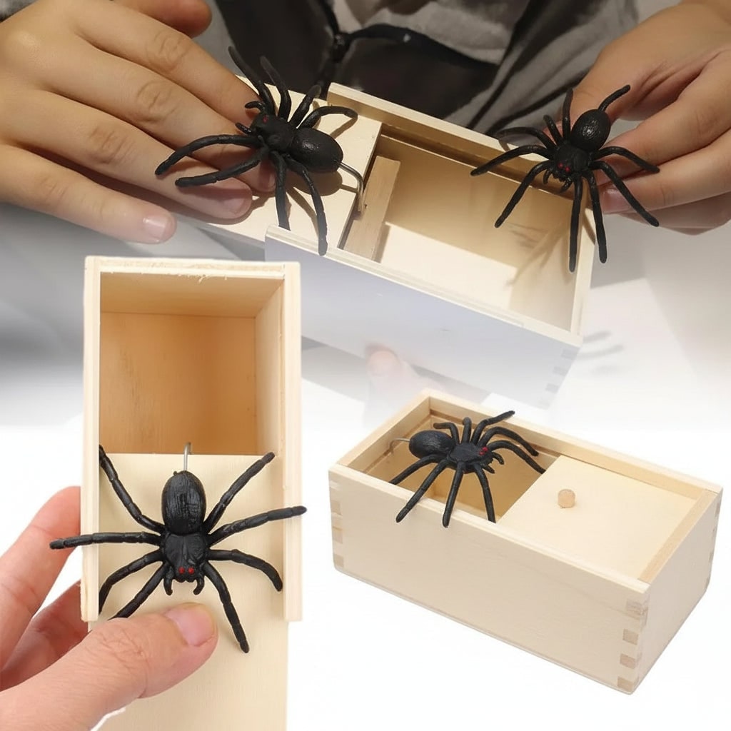 Halloween Gifts Spider Prank Box with Spring Loaded Pop Out Surprise and Wooden Sliding Lid