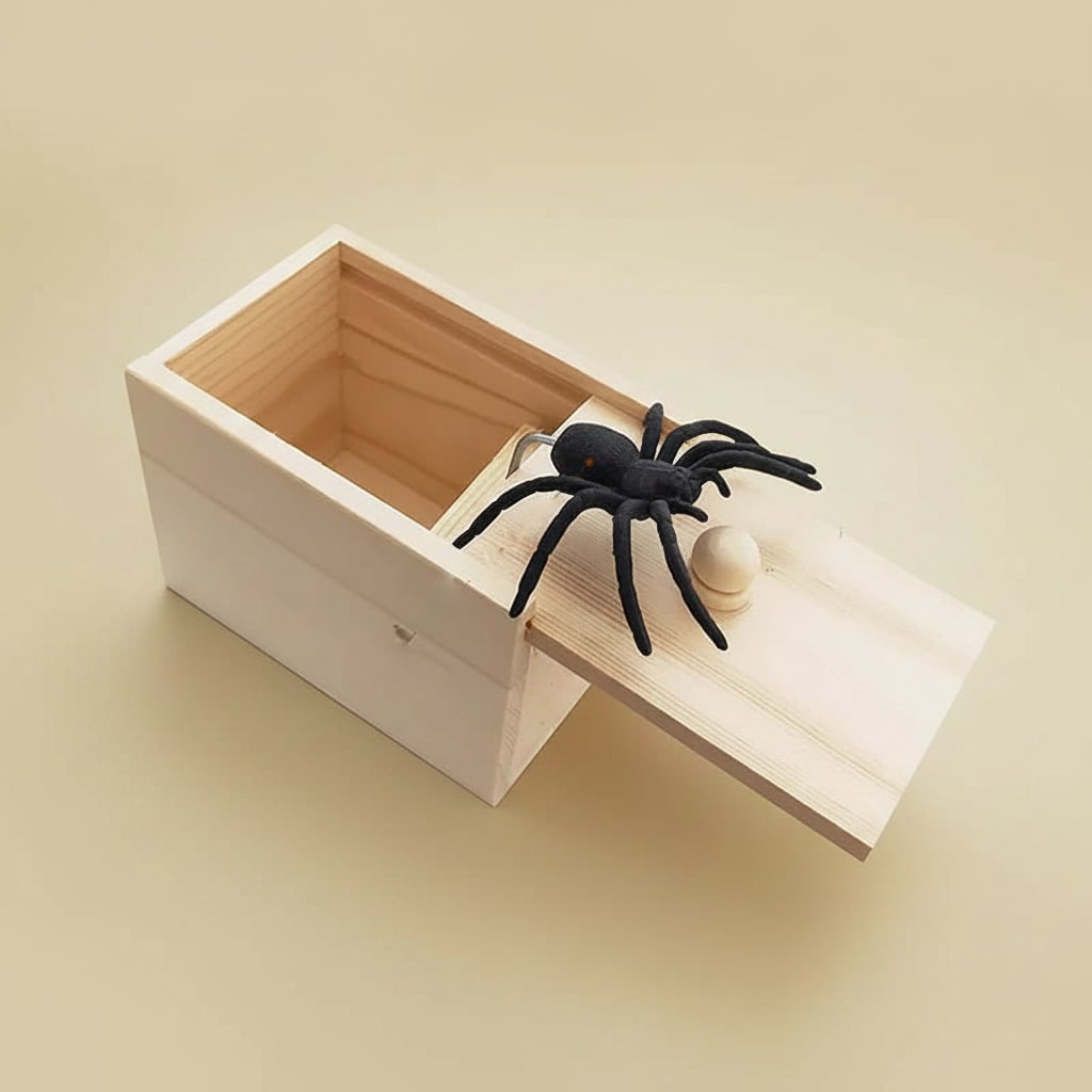 Wooden Spider Prank Box with Jump Scare Halloween Gag Gift and Sliding Lid