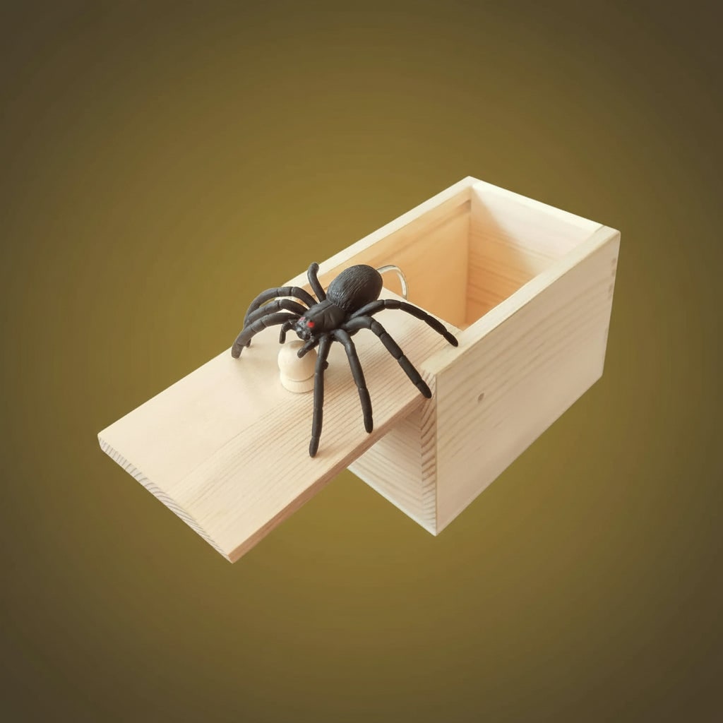 Wooden Spider Prank Box with Jump Scare Halloween Gag Gift and Sliding Lid