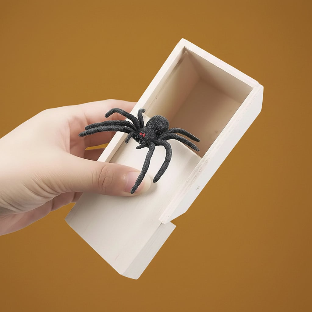 Wooden Spider Prank Box with Jump Scare Halloween Gag Gift and Sliding Lid