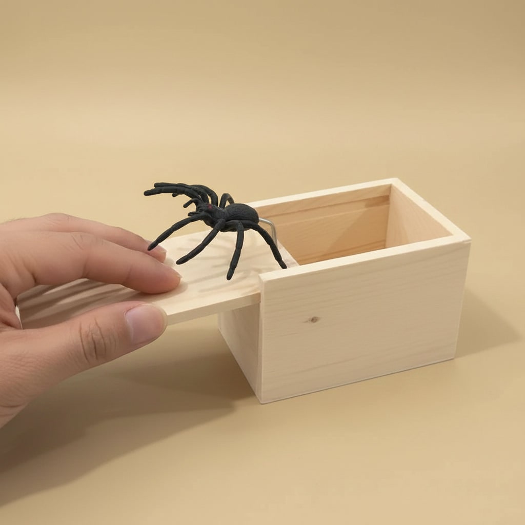 Wooden Spider Prank Box with Jump Scare Halloween Gag Gift and Sliding Lid