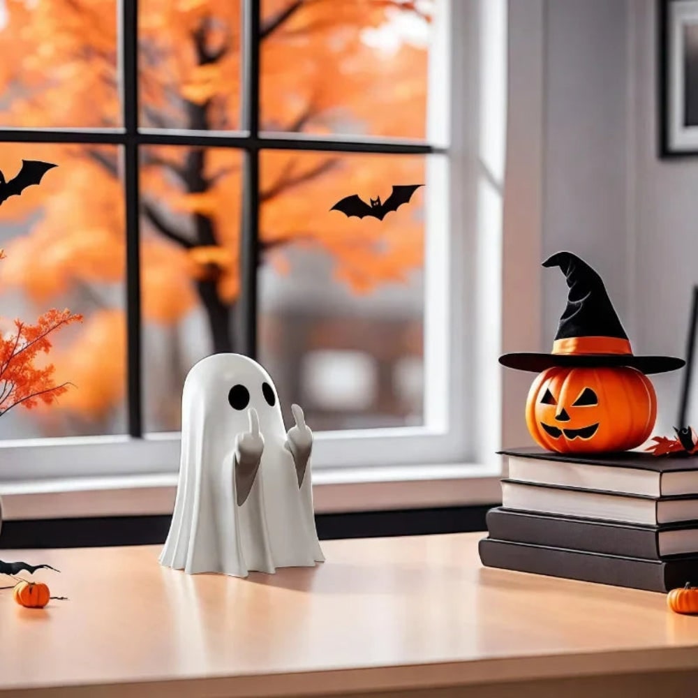Halloween Ghost Tabletop Figurine with Raised Hands and Cheeky Rude Gesture