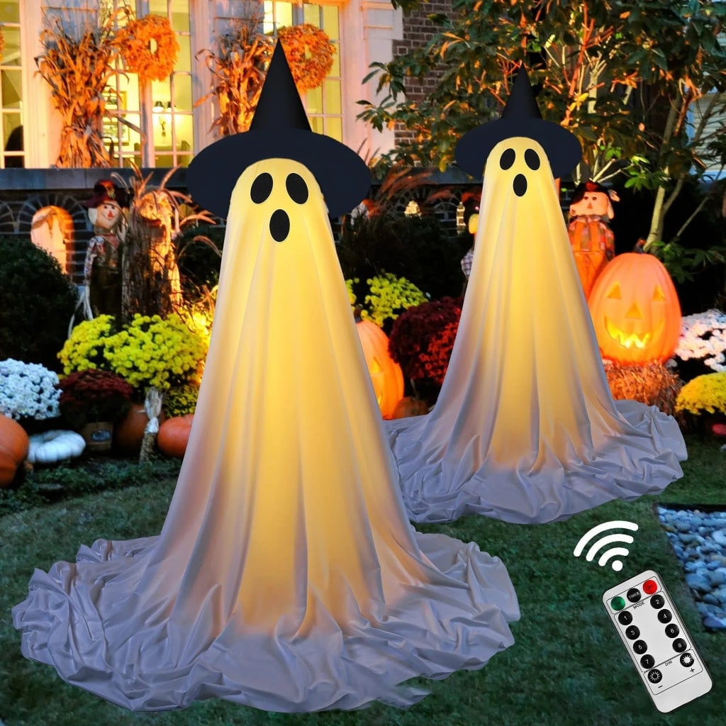 Halloween Decorations Outdoor Light Up Ghost with Witch Hat 127cm Standing Yard Remote