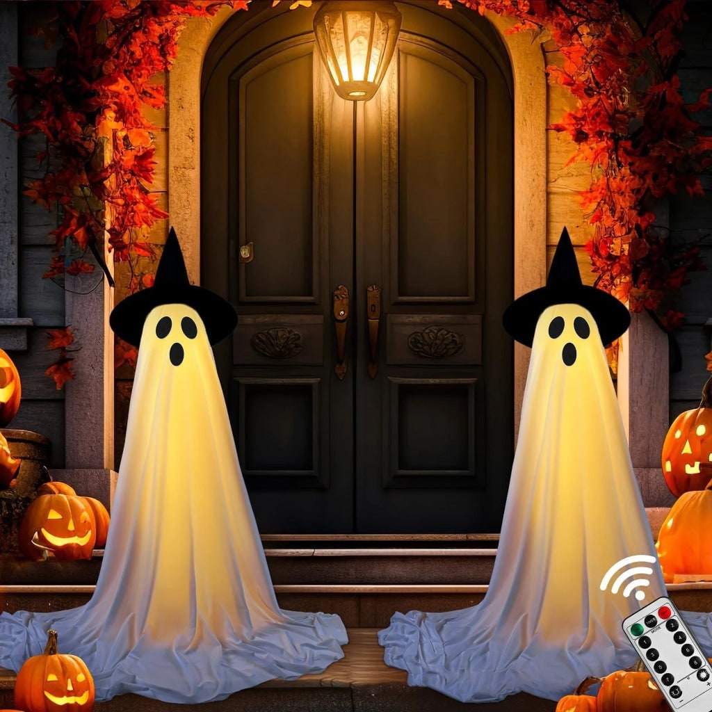Halloween Decorations Outdoor Light Up Ghost with Witch Hat 127cm Standing Yard Remote