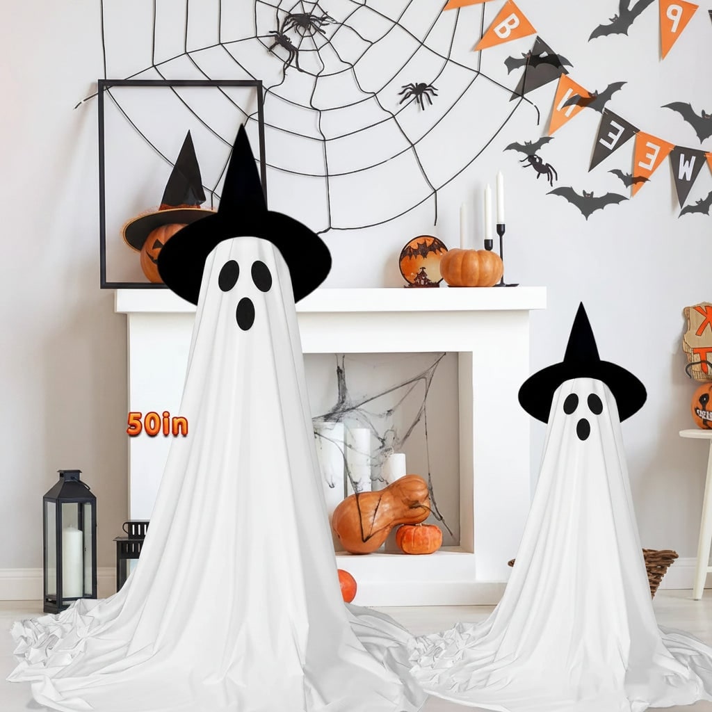 Halloween Decorations Outdoor Light Up Ghost with Witch Hat 127cm Standing Yard Remote