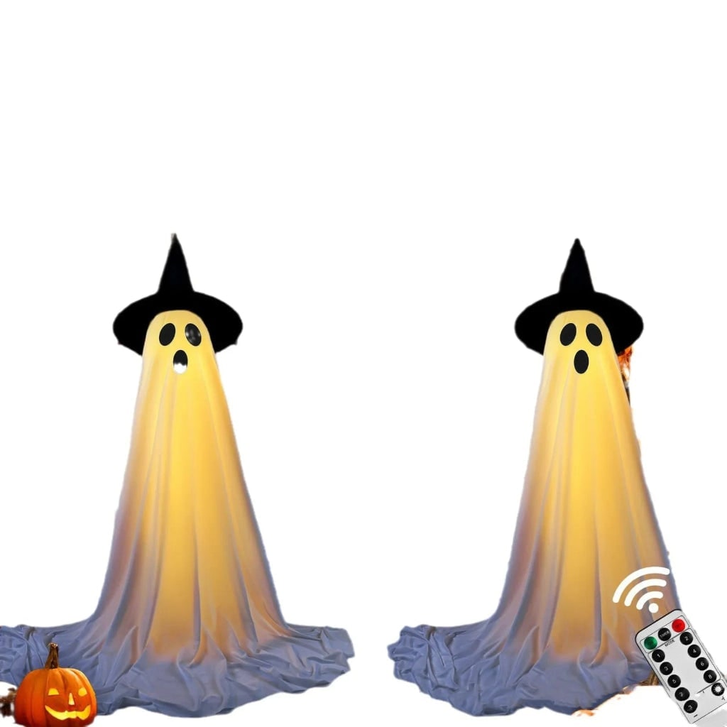 Halloween Decorations Outdoor Light Up Ghost with Witch Hat 127cm Standing Yard Remote