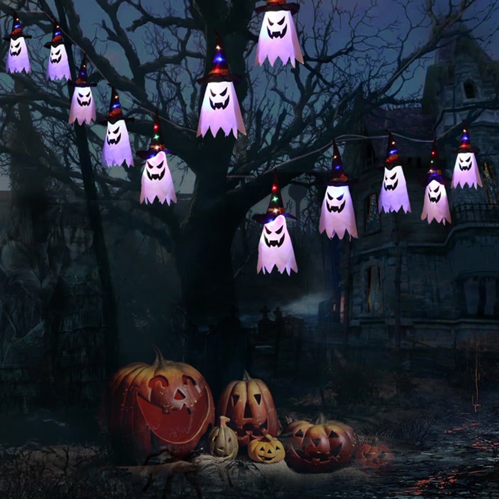 Halloween Party Decorations Hanging Ghost Light with Glowing LED String and Witch Hat