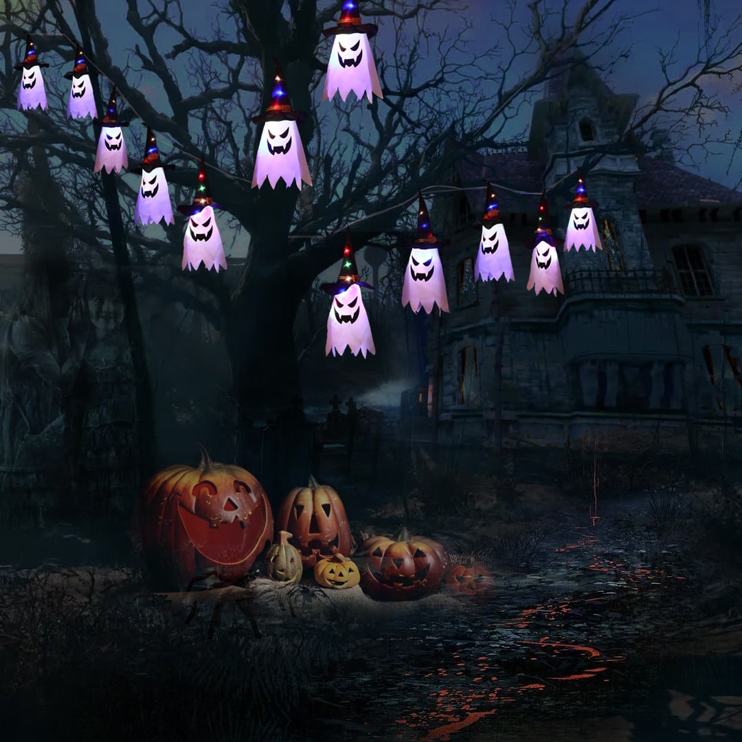 Halloween Party Decorations Hanging Ghost Light with Glowing LED String and Witch Hat