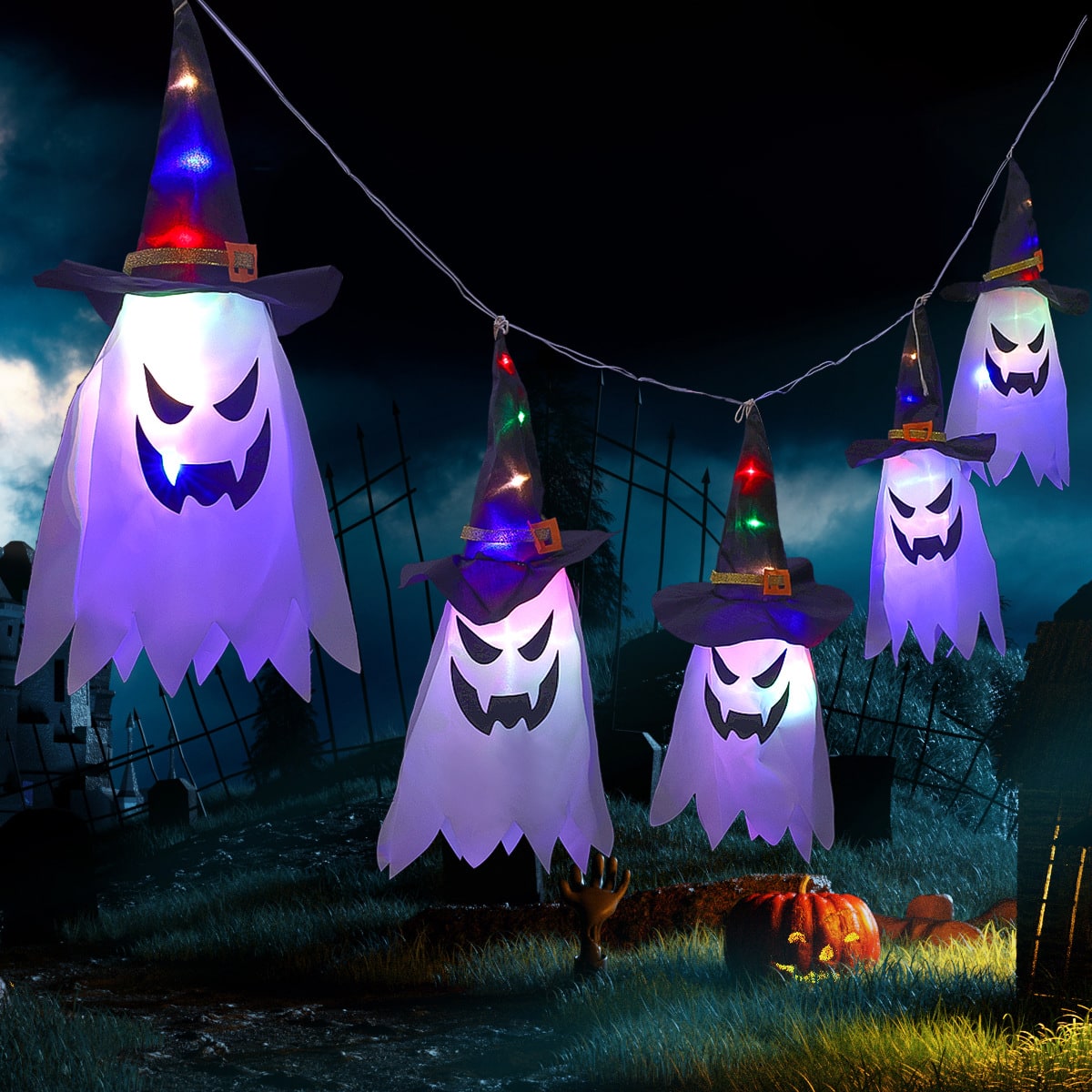 Halloween Party Decorations Hanging Ghost Light with Glowing LED String and Witch Hat