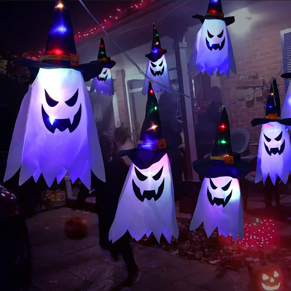 Halloween Party Decorations Hanging Ghost Light with Glowing LED String and Witch Hat