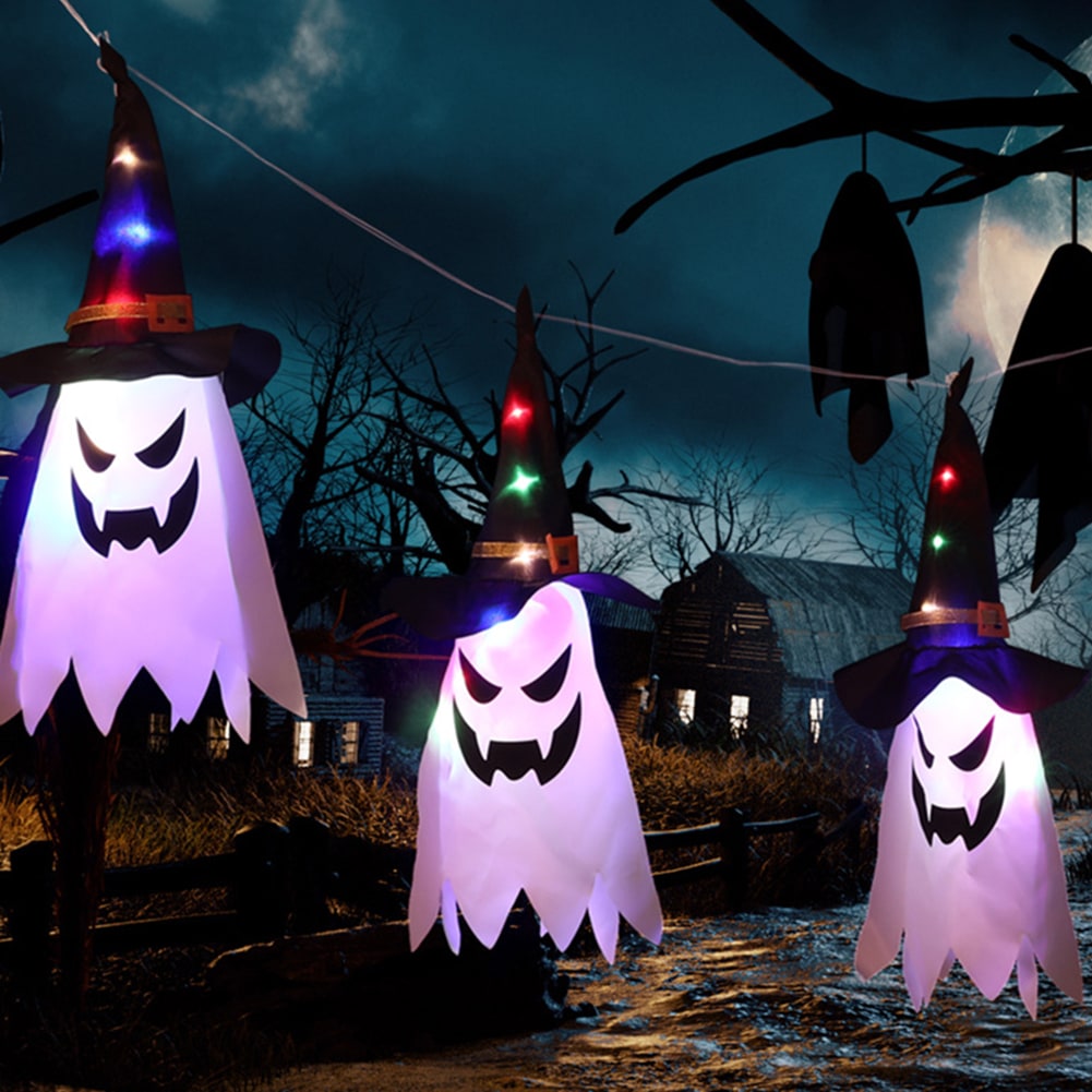 Halloween Party Decorations Hanging Ghost Light with Glowing LED String and Witch Hat