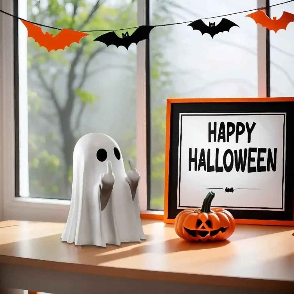 Halloween Party Decorations Ghost Figurine with Middle Finger Gesture Resin Tabletop Statue
