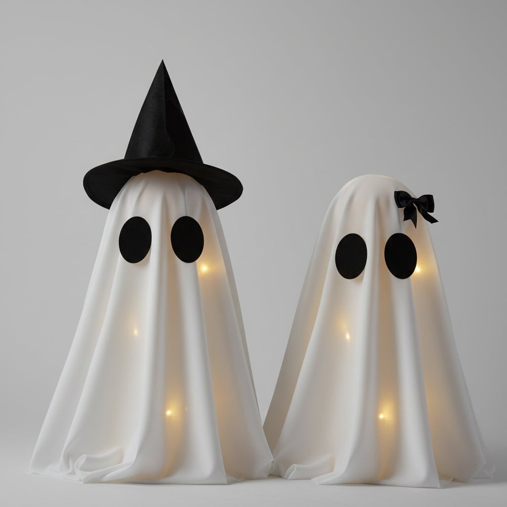 Halloween Ghost Decorations Set of Two with Warm LED Glow and Witch Hat Detail